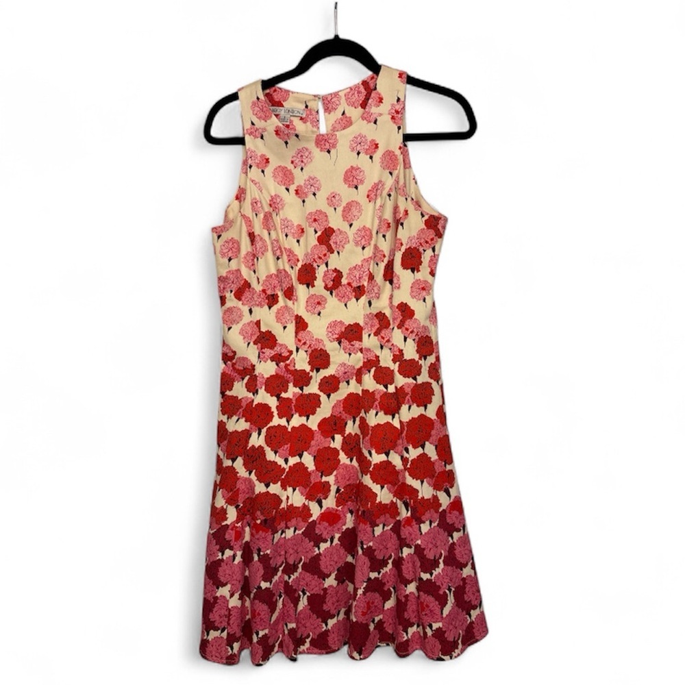 MAGGY LONDON SLEEVEELSS FIT AND FLARE DRESS PINK FLORAL PRINT